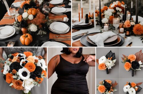 A photo collage of black, rust orange, pastel orange, and white wedding color ideas.