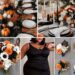 A photo collage of black, rust orange, pastel orange, and white wedding color ideas.