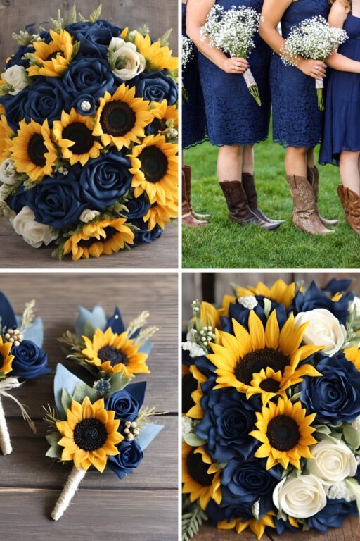 A photo collage of navy blue and rustic sunflower wedding color ideas.