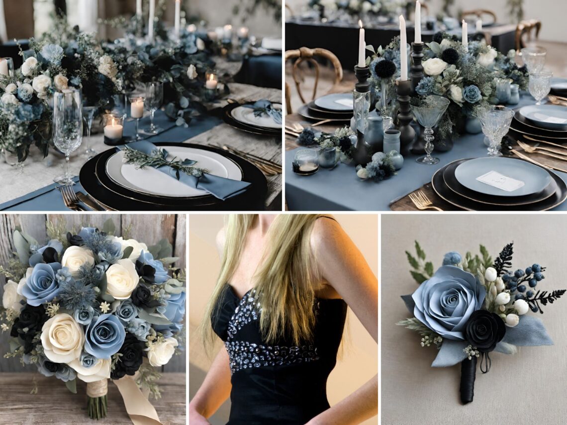 A photo collage of dusty blue and black wedding color ideas.