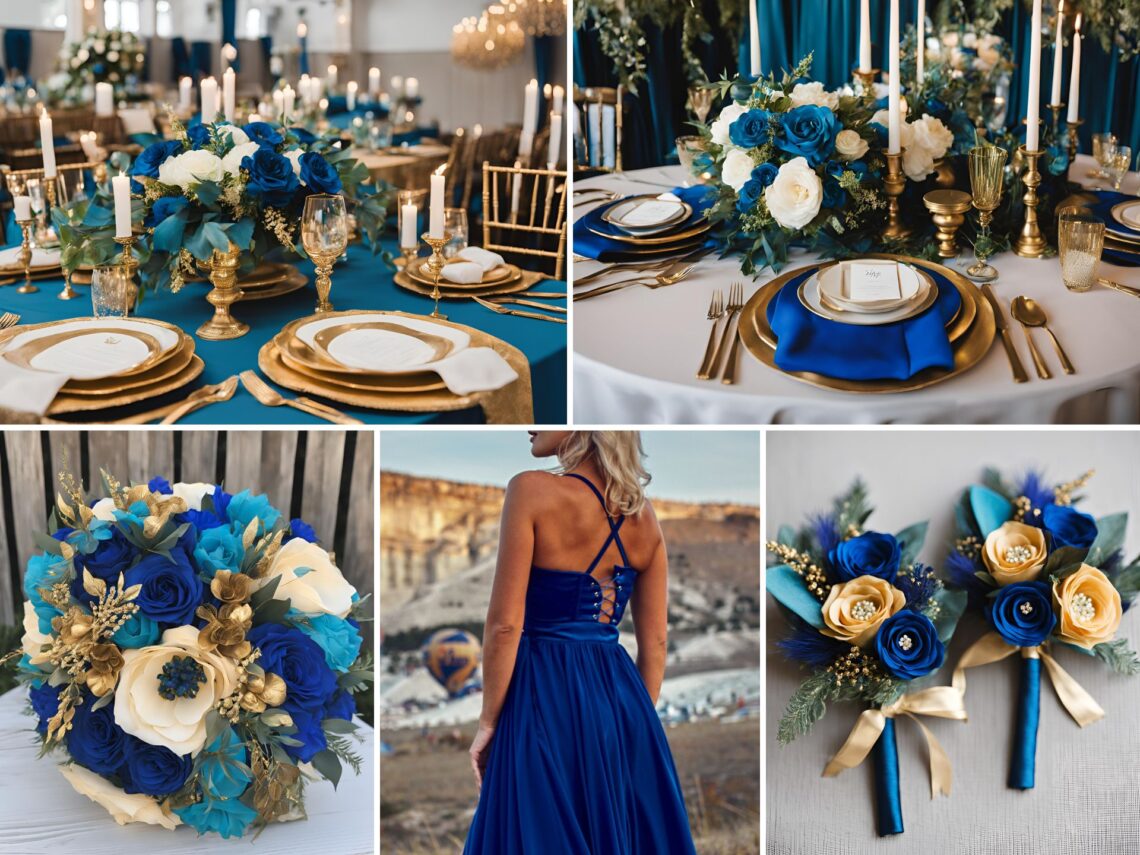 A photo collage of teal blue, royal blue, and gold wedding color ideas.