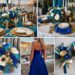 A photo collage of teal blue, royal blue, and gold wedding color ideas.