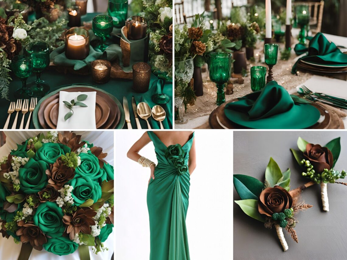 A photo collage of emerald green and brown wedding color ideas.