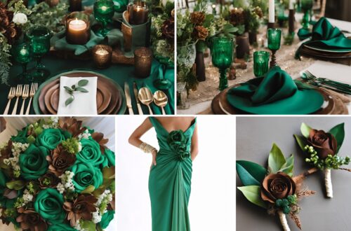 A photo collage of emerald green and brown wedding color ideas.