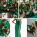 A photo collage of emerald green and brown wedding color ideas.