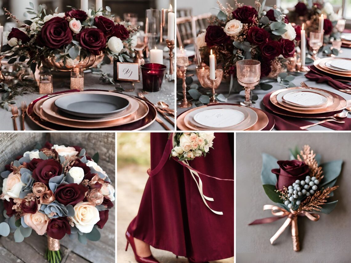 A photo collage of burgundy, rose gold, and gray wedding color ideas.