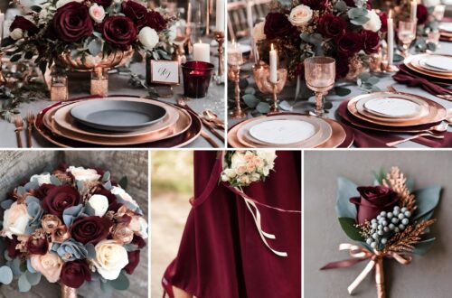 A photo collage of burgundy, rose gold, and gray wedding color ideas.