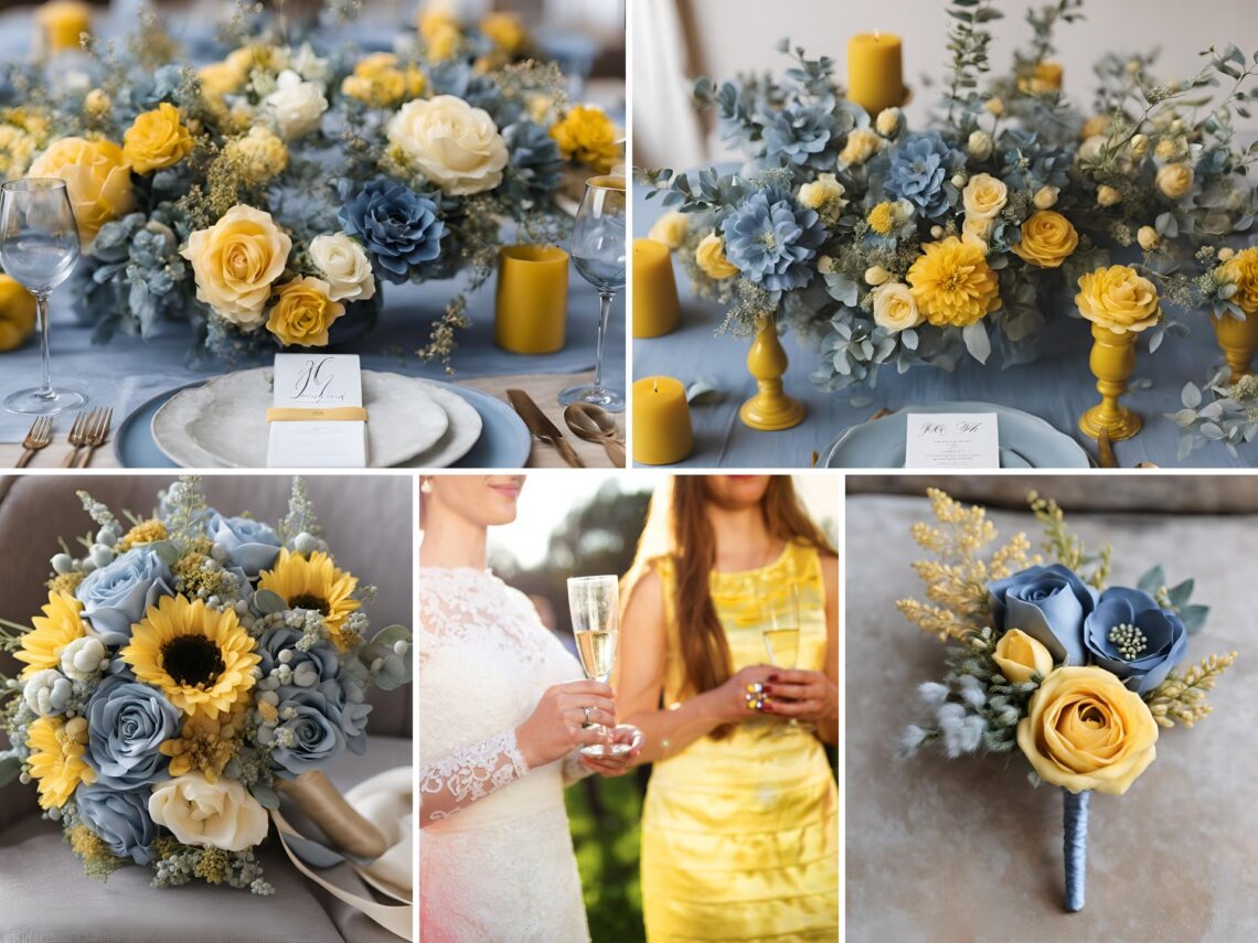 A photo collage of dusty blue and yellow wedding color ideas.