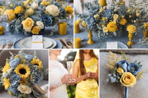 A photo collage of dusty blue and yellow wedding color ideas.