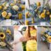 A photo collage of dusty blue and yellow wedding color ideas.