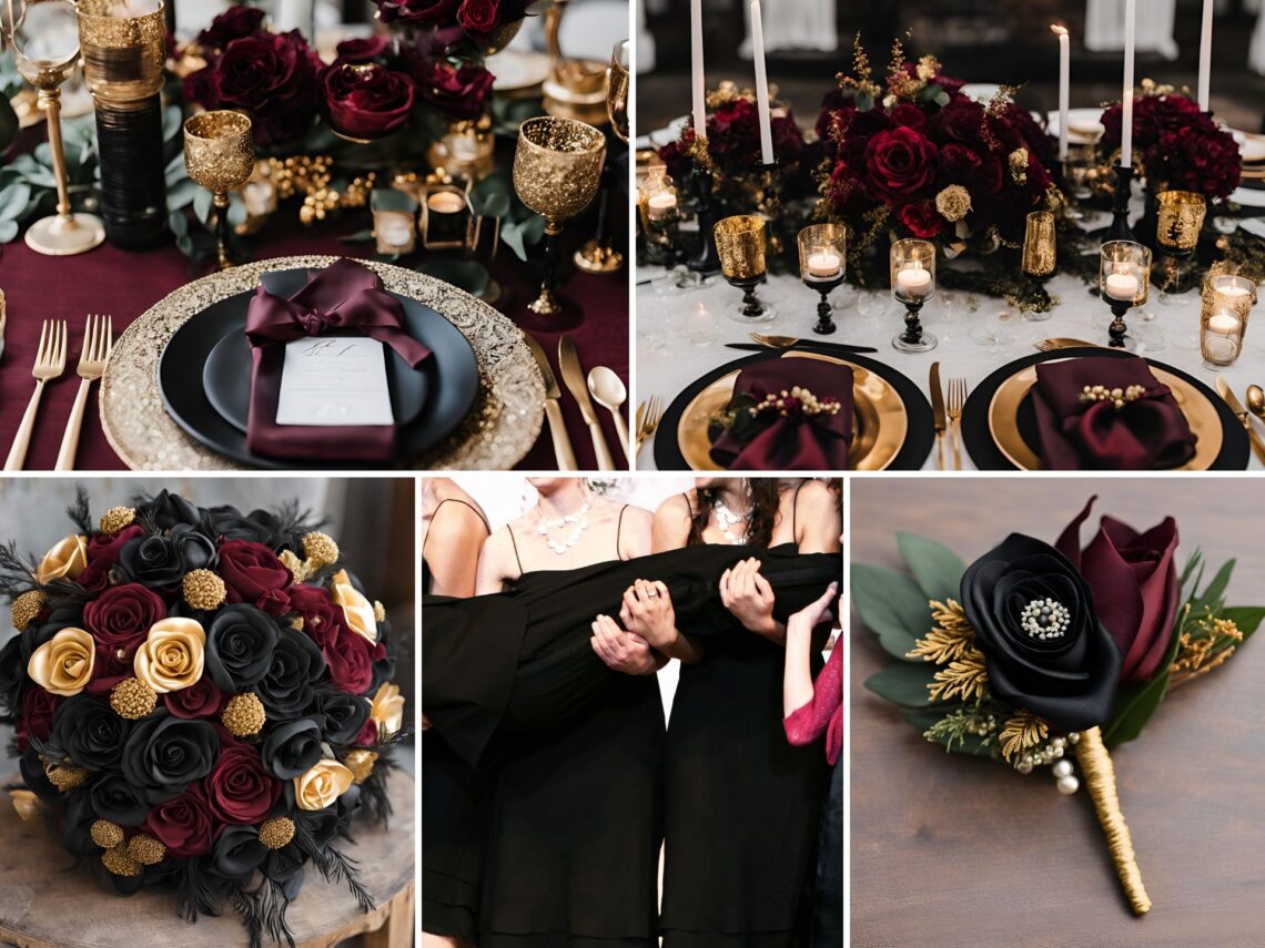 A photo collage of burgundy, black, and gold wedding color ideas.