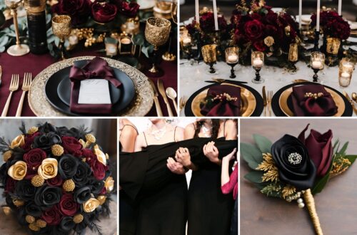 A photo collage of burgundy, black, and gold wedding color ideas.