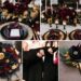 A photo collage of burgundy, black, and gold wedding color ideas.