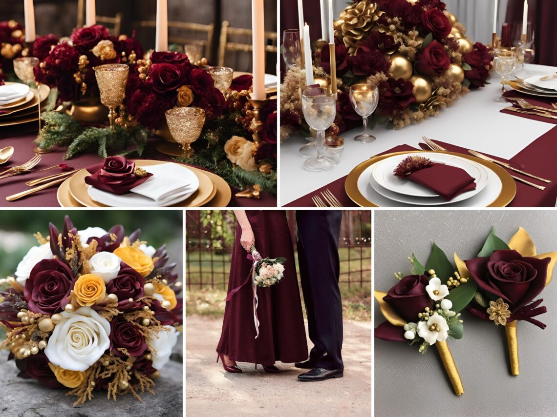 A photo collage of maroon and yellow gold wedding color ideas.