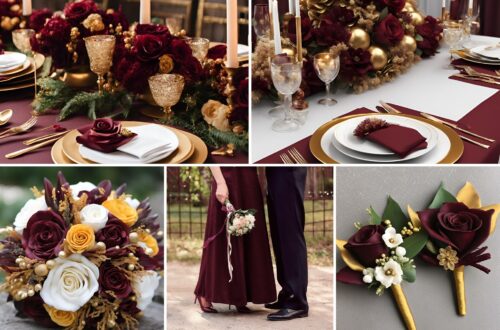 A photo collage of maroon and yellow gold wedding color ideas.