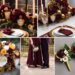 A photo collage of maroon and yellow gold wedding color ideas.