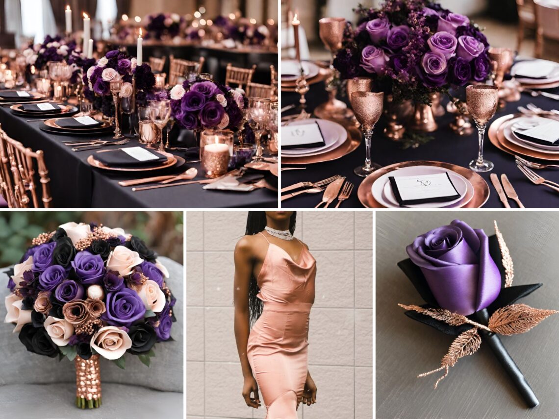 A photo collage of rose gold, purple, and black wedding color ideas.