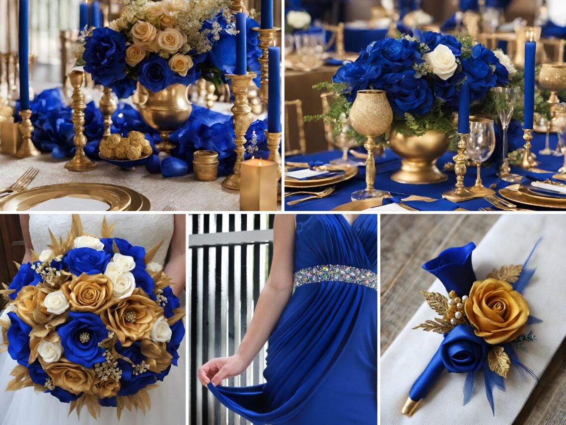 A photo collage of royal blue and gold wedding color ideas.