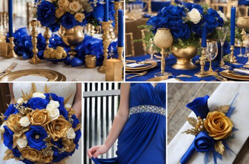 A photo collage of royal blue and gold wedding color ideas.