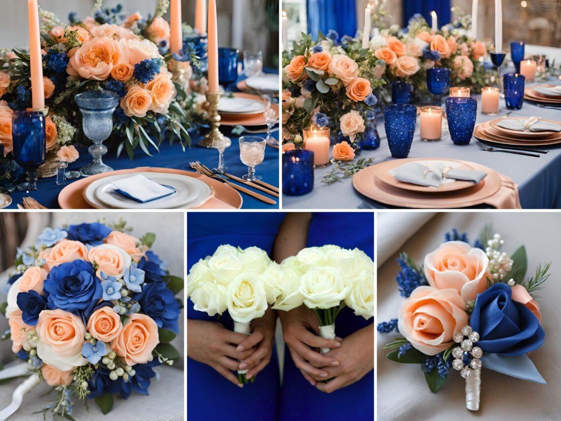 A photo collage of sapphire blue and peach wedding color ideas.