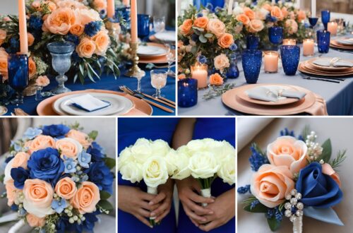 A photo collage of sapphire blue and peach wedding color ideas.