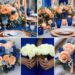 A photo collage of sapphire blue and peach wedding color ideas.