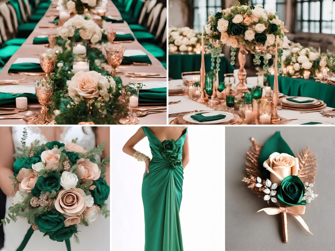 A photo collage of emerald green and rose gold wedding color ideas.