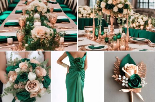 A photo collage of emerald green and rose gold wedding color ideas.