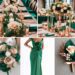 A photo collage of emerald green and rose gold wedding color ideas.