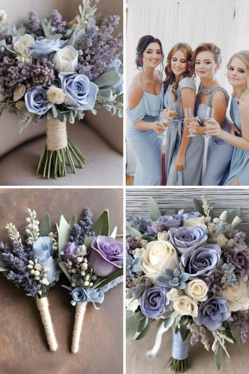 A photo collage of lavender and dusty blue wedding color ideas.