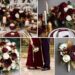 A photo collage of wine red, gold, and white wedding color ideas.