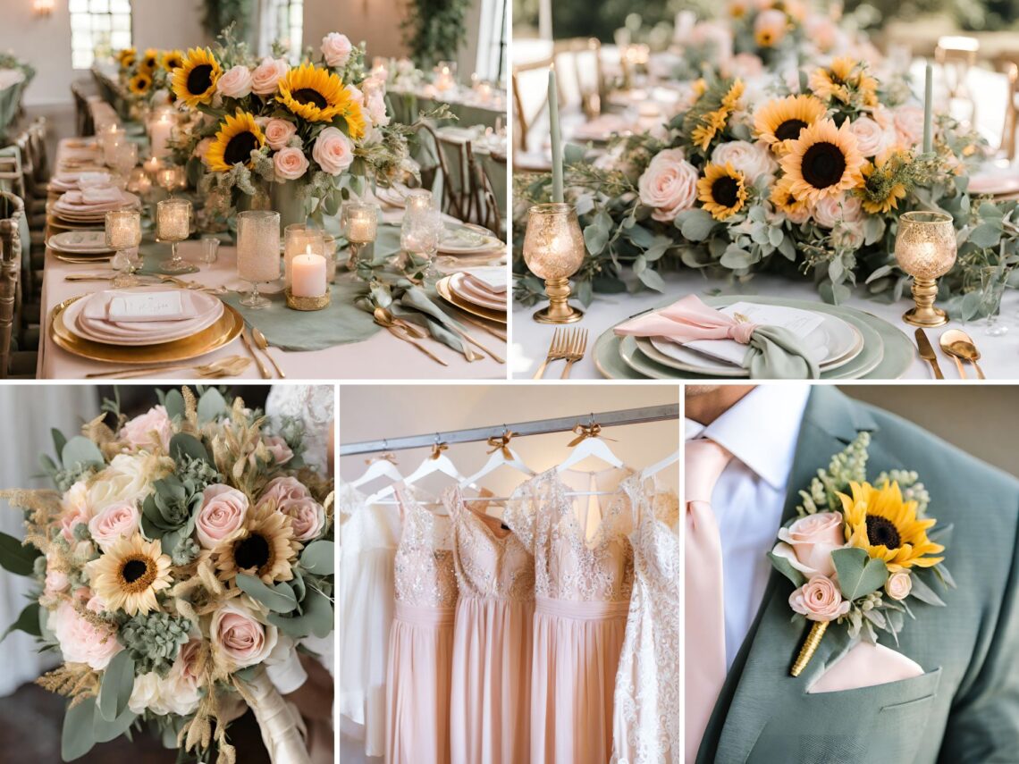 A photo collage of pink, gold, yellow sunflowers, and sage wedding color ideas.