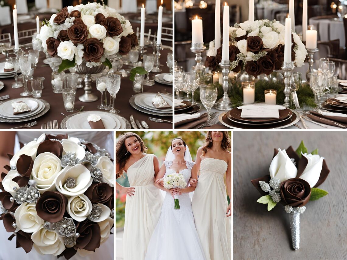 A photo collage of chocolate brown, silver, and white wedding color ideas.