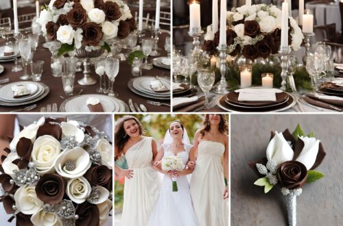 A photo collage of chocolate brown, silver, and white wedding color ideas.