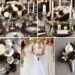 A photo collage of chocolate brown, silver, and white wedding color ideas.