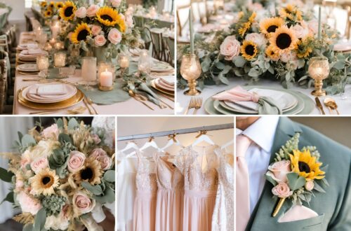 A photo collage of pink, gold, yellow sunflowers, and sage wedding color ideas.