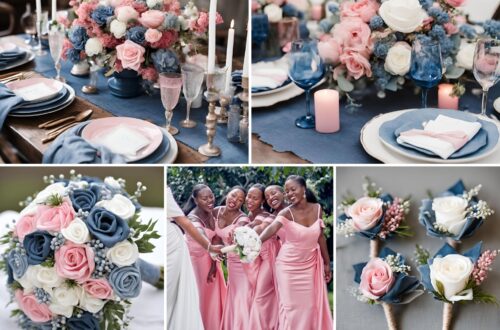 A photo collage of denim blue, pink, and white wedding color ideas.