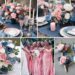 A photo collage of denim blue, pink, and white wedding color ideas.