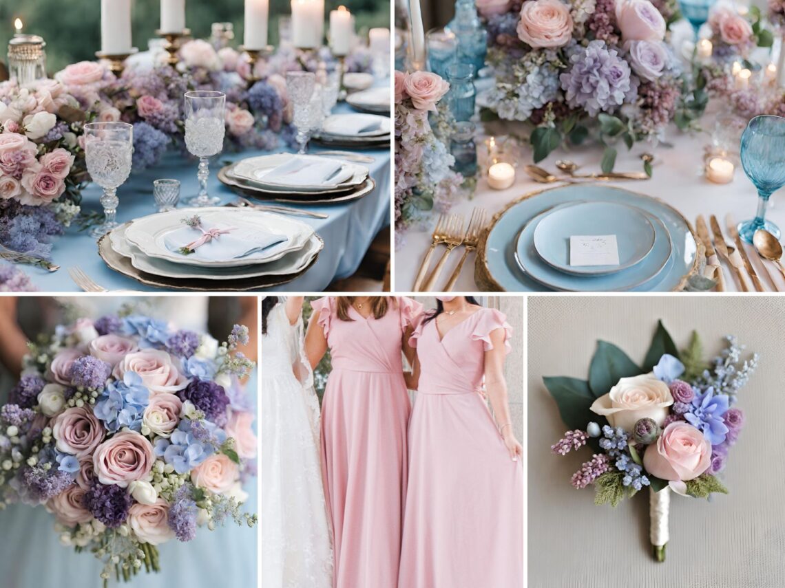 A photo collage of pale blue, pink, and lilac wedding color ideas.