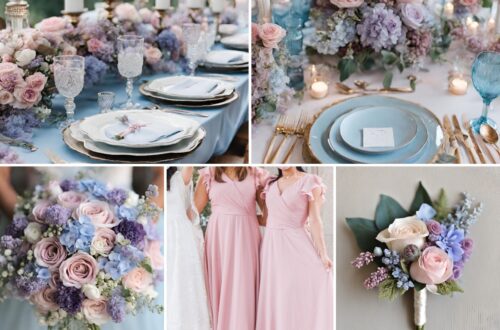 A photo collage of pale blue, pink, and lilac wedding color ideas.