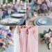 A photo collage of pale blue, pink, and lilac wedding color ideas.