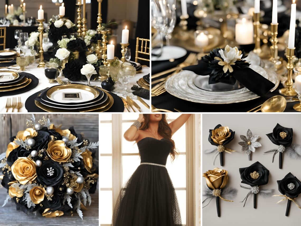 A photo collage of black, gold, and silver wedding color ideas.