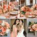 A photo collage of salmon pink and gold wedding color ideas.