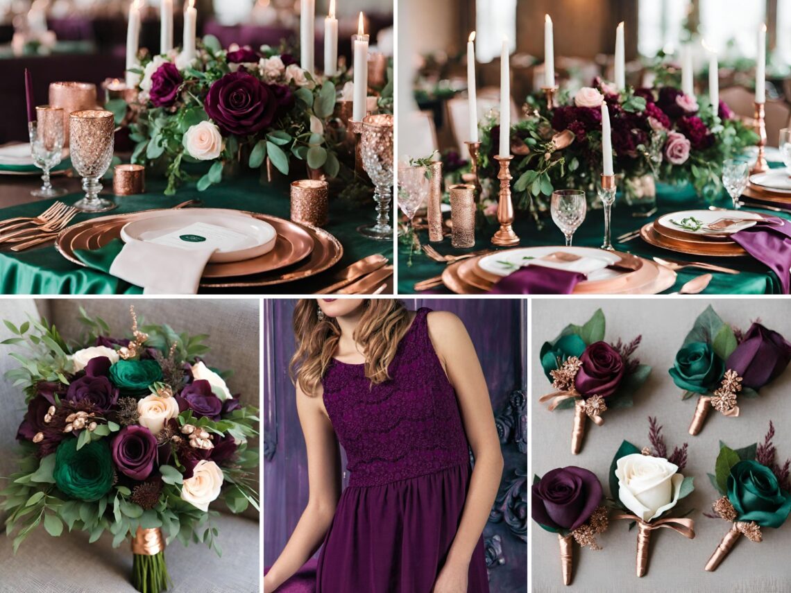 A photo collage of emerald green, plum, and rose gold wedding color ideas.