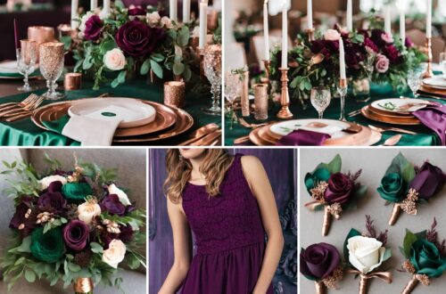 A photo collage of emerald green, plum, and rose gold wedding color ideas.