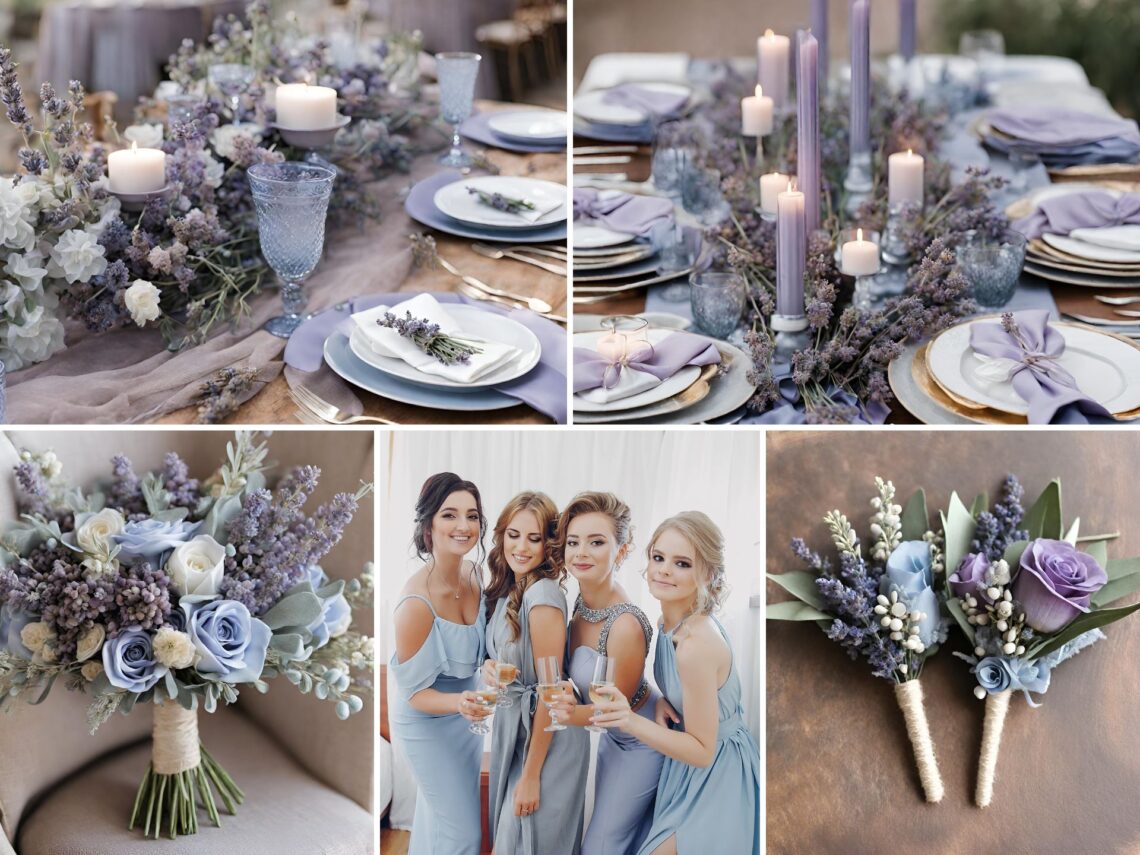 A photo collage of lavender and dusty blue wedding color ideas.