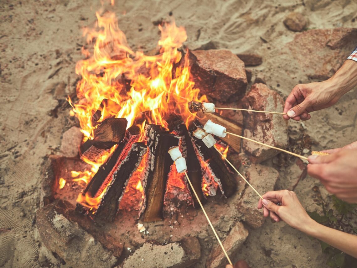 A bachelorette party roasting marshmallows over a bonfire.