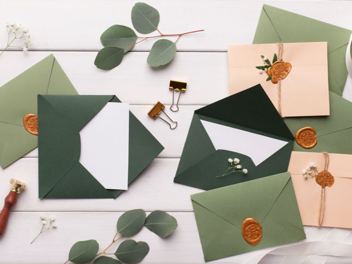 A table with sage green colored wedding invitations.