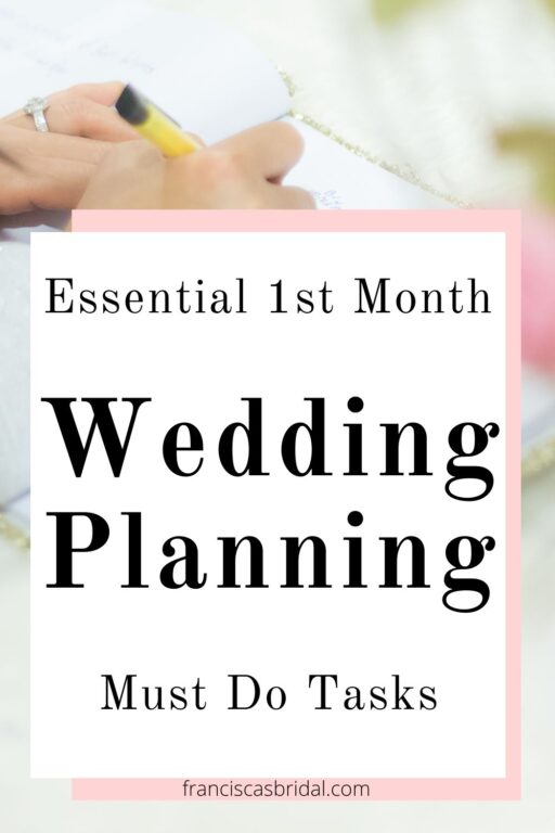 A woman writing in a binder with text first month of wedding planning.