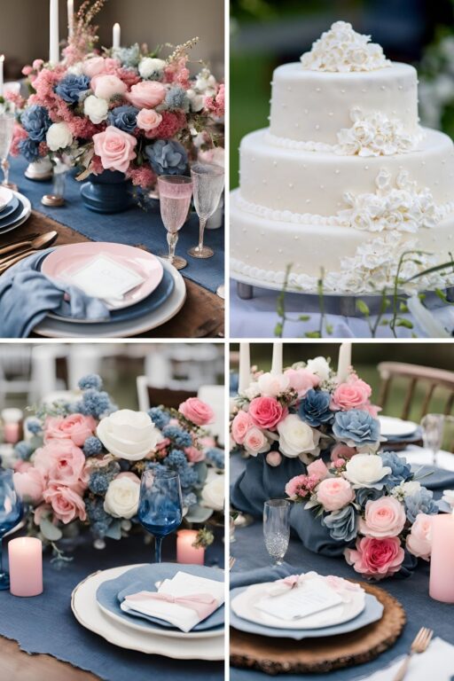 A photo collage of denim blue, pink, and white wedding color ideas.